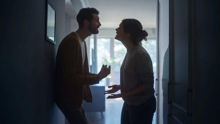 Silhouetted man and woman arguing with expressive gestures in a dimly lit hallway.