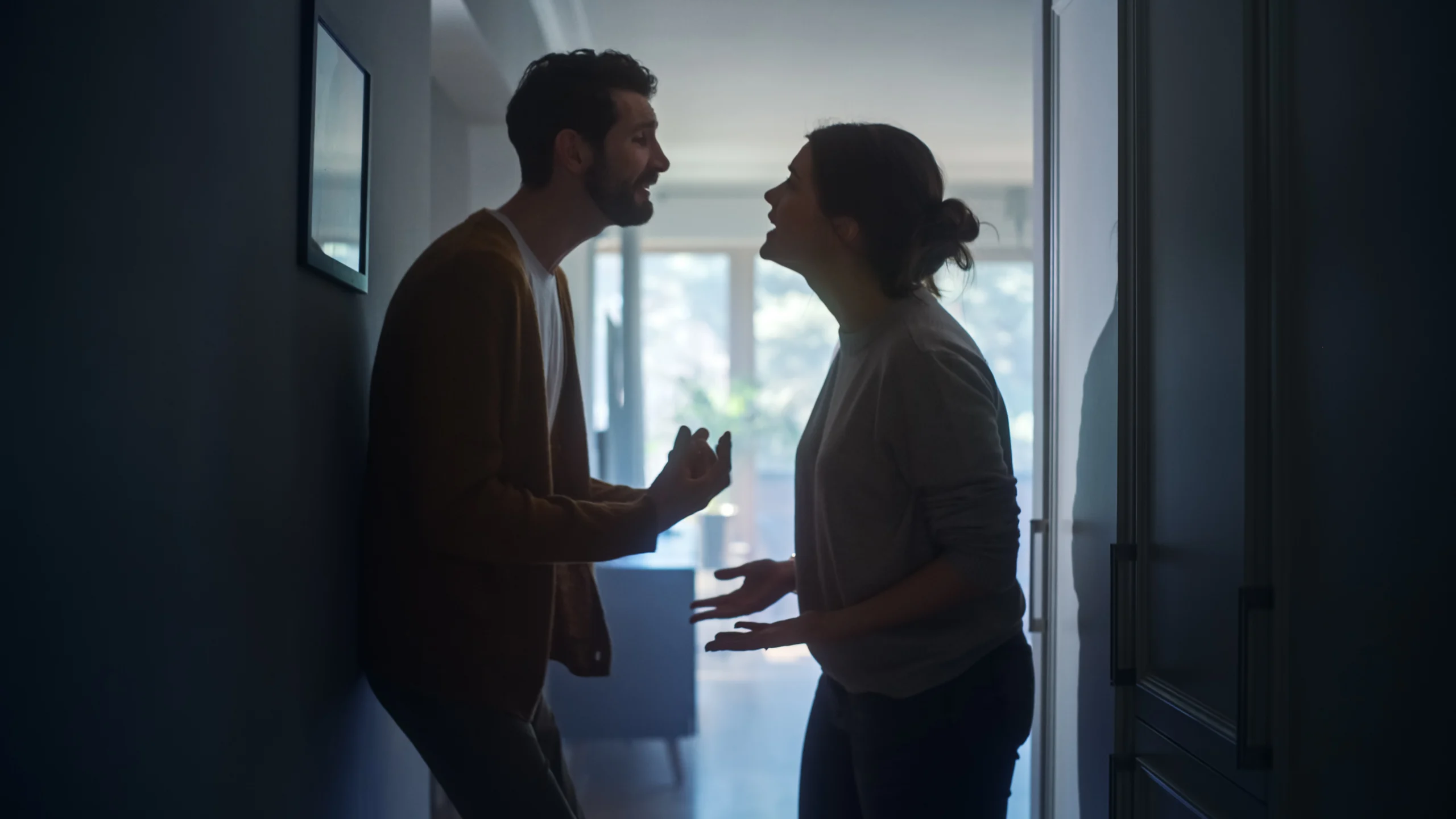 Silhouetted man and woman arguing with expressive gestures in a dimly lit hallway.