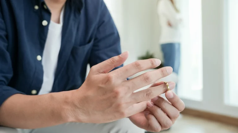 Close-up of a person removing a gold wedding ring, blurred figure in background near window.
