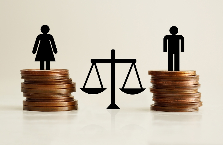 Black gender icons standing on unequal stacks of coins with a balanced scale in the center.